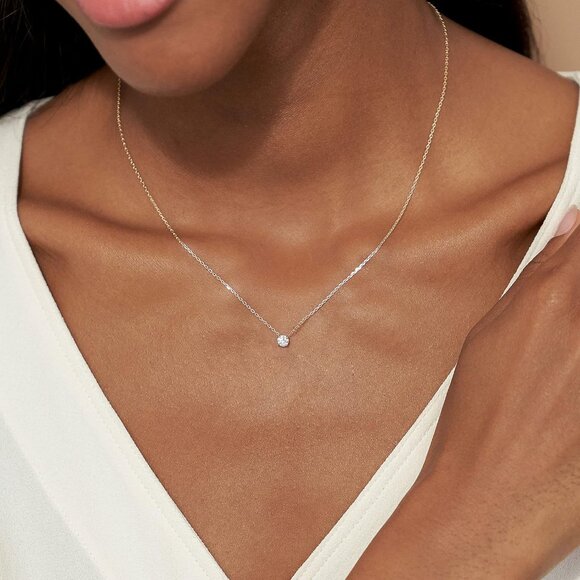 Women's Dainty Gold Necklace-14k Gold Plated Solitaire Cubic Zirconia Necklaces - Picture 2 of 7